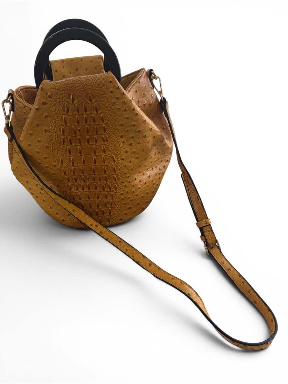 Tan Ostrich-Textured Faux Leather Crossbody Bag